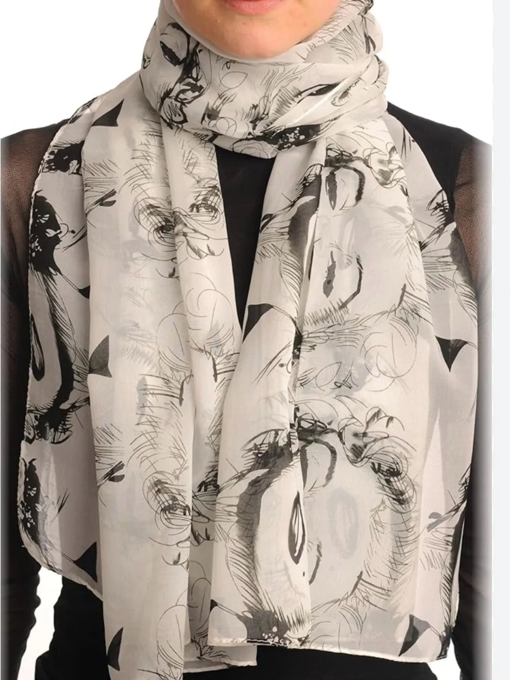 Black & White Floral Sketch Scarf - Women's Lightweight Wrap